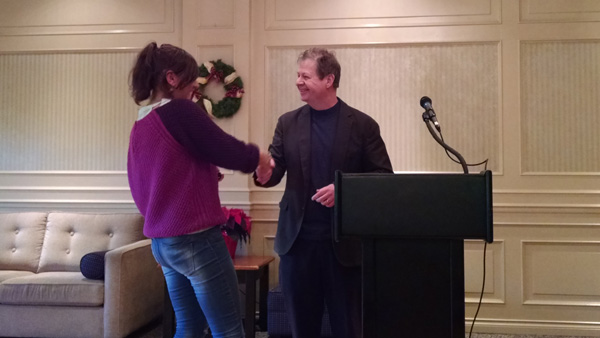 Leanne receiving the staff award during the 2015 Departmental Christmas Party.